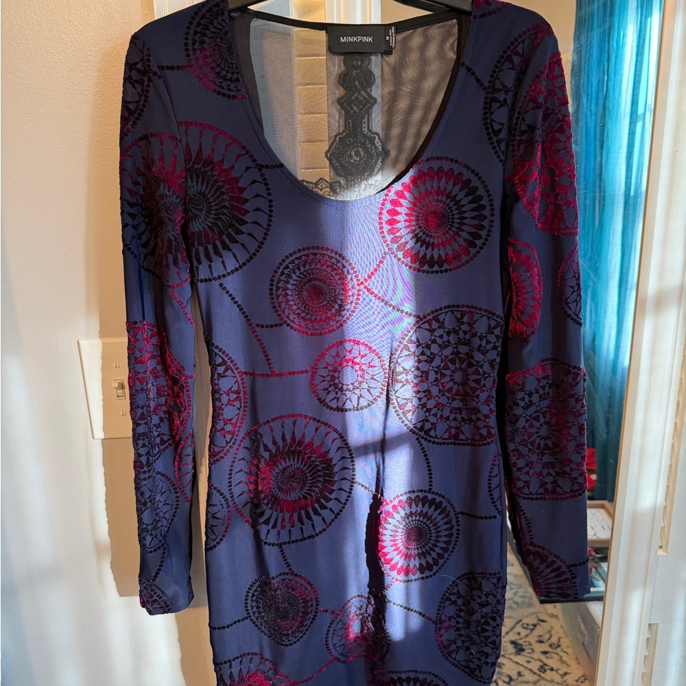 MINKPINK Long Sleeve Dress in Blue and Red